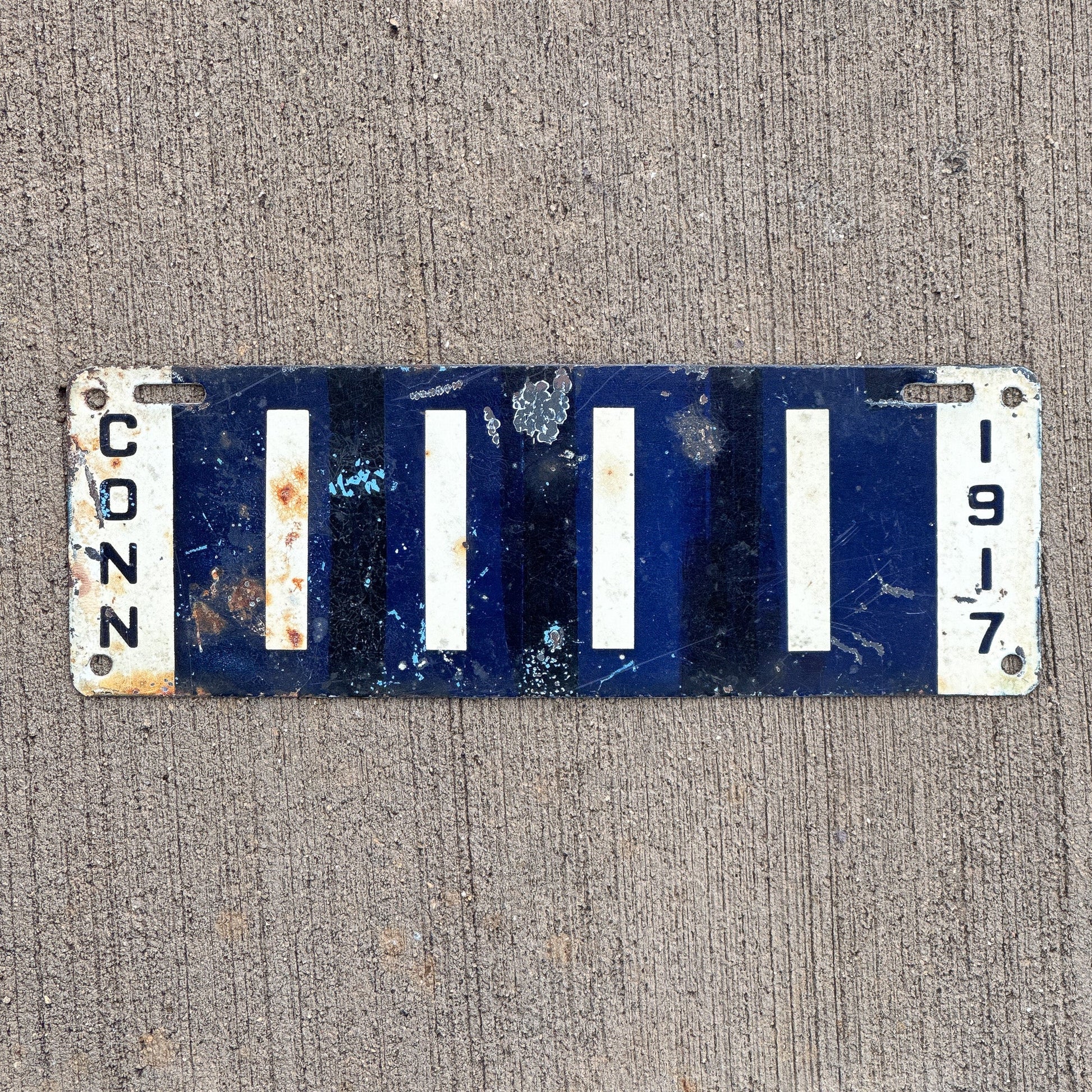 Photo of a 1917 Connecticut Motorcycle Side Car License Plate Auto Tag Garage Decor Vintage Repeat Repeating 1111 with original patina