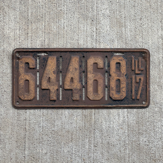 Photo of a 1917 Illinois License Plate Auto Tag Garage Decor Vintage Front Plate Airflow Slots 64468 with original patina