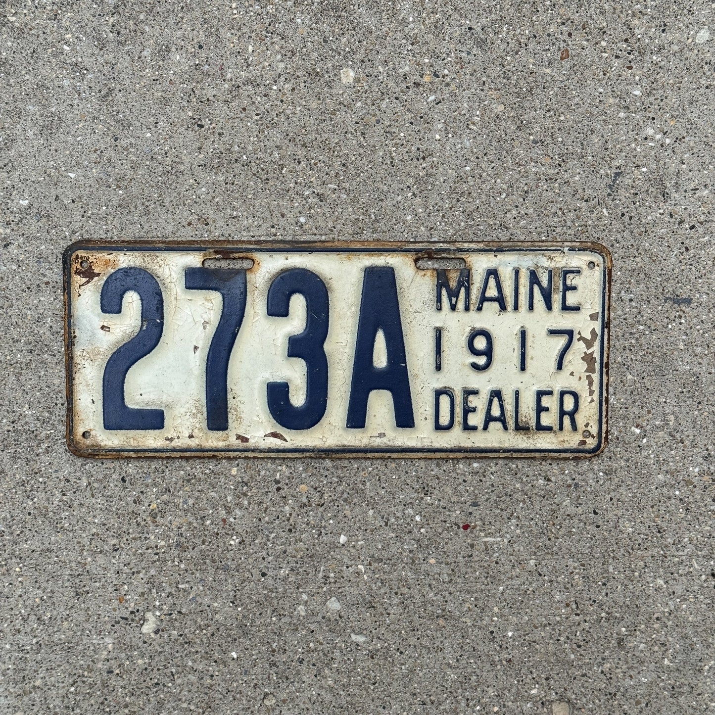 Photo of a 1917 Maine Dealer License Plate Auto Tag 1 Garage Decor 273 A with original patina