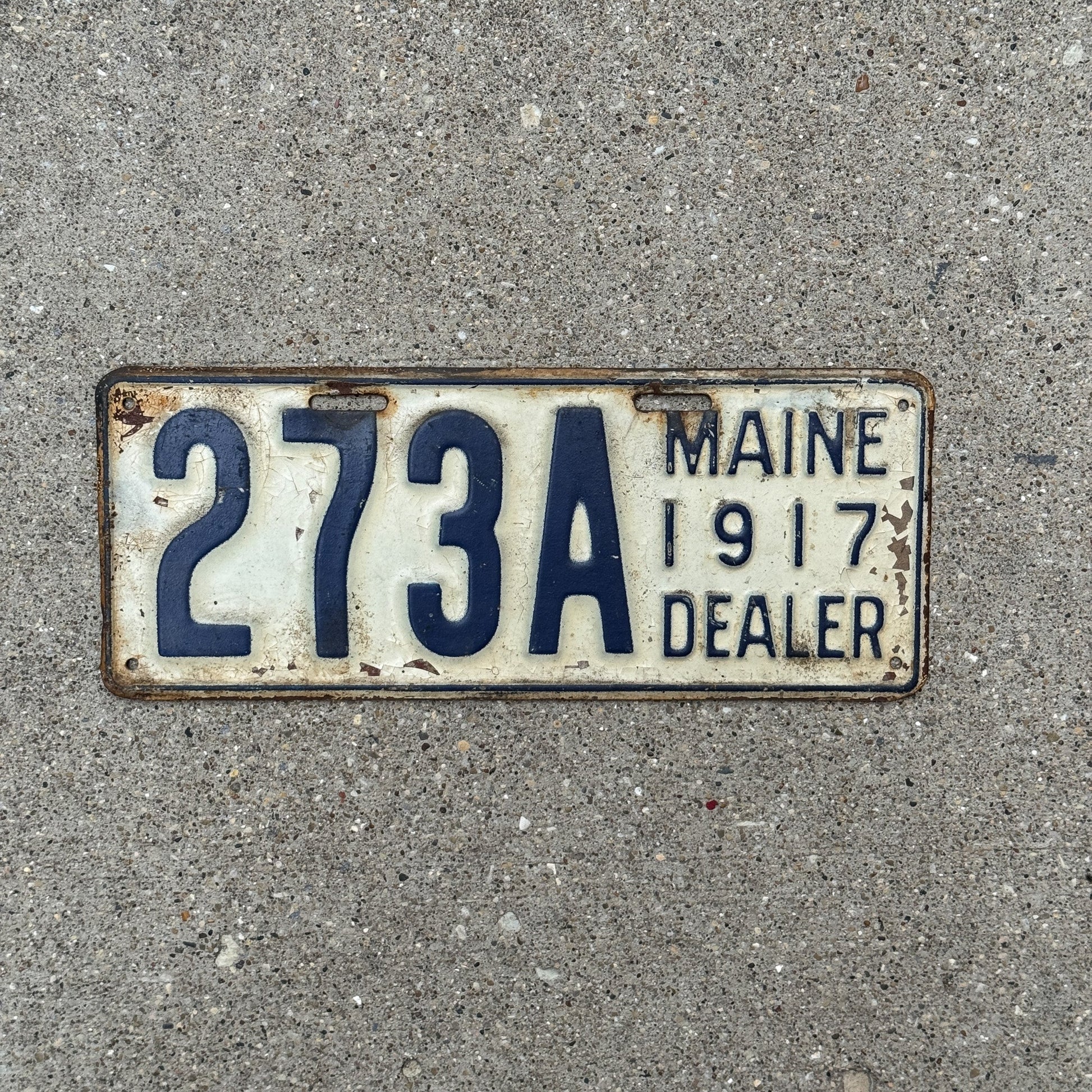 Photo of a 1917 Maine Dealer License Plate Auto Tag 1 Garage Decor 273 A with original patina