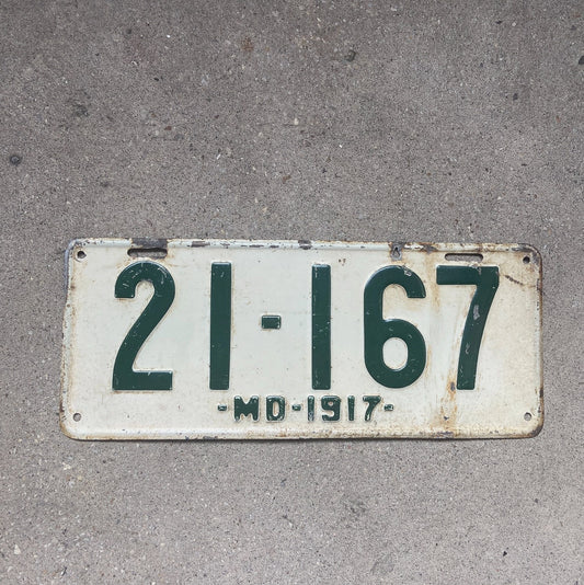 Photo of a 1917 Maryland License Plate Auto Tag Garage Decor Vintage 21 167 with original patina