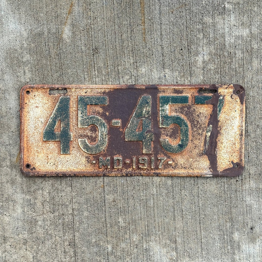 Photo of a 1917 Maryland License Plate Auto Tag Garage Decor Vintage 45 457 with original patina