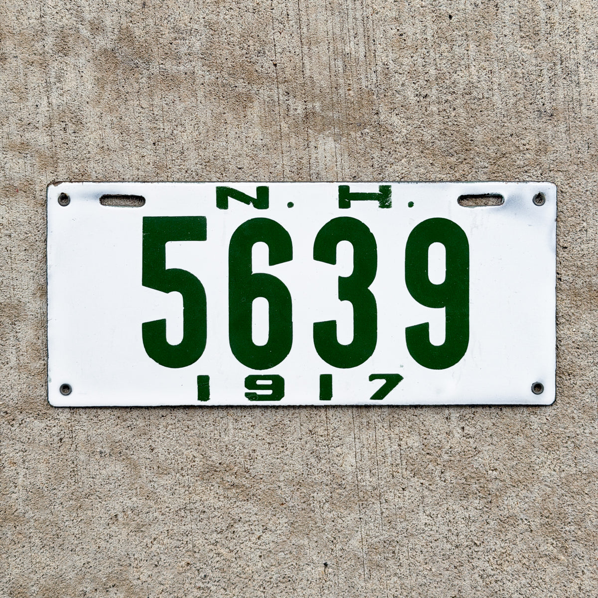 Photo of a 1917 New Hampshire Porcelain License Plate Auto Tag Garage Decor Vintage High Quality 5639 with original patina
