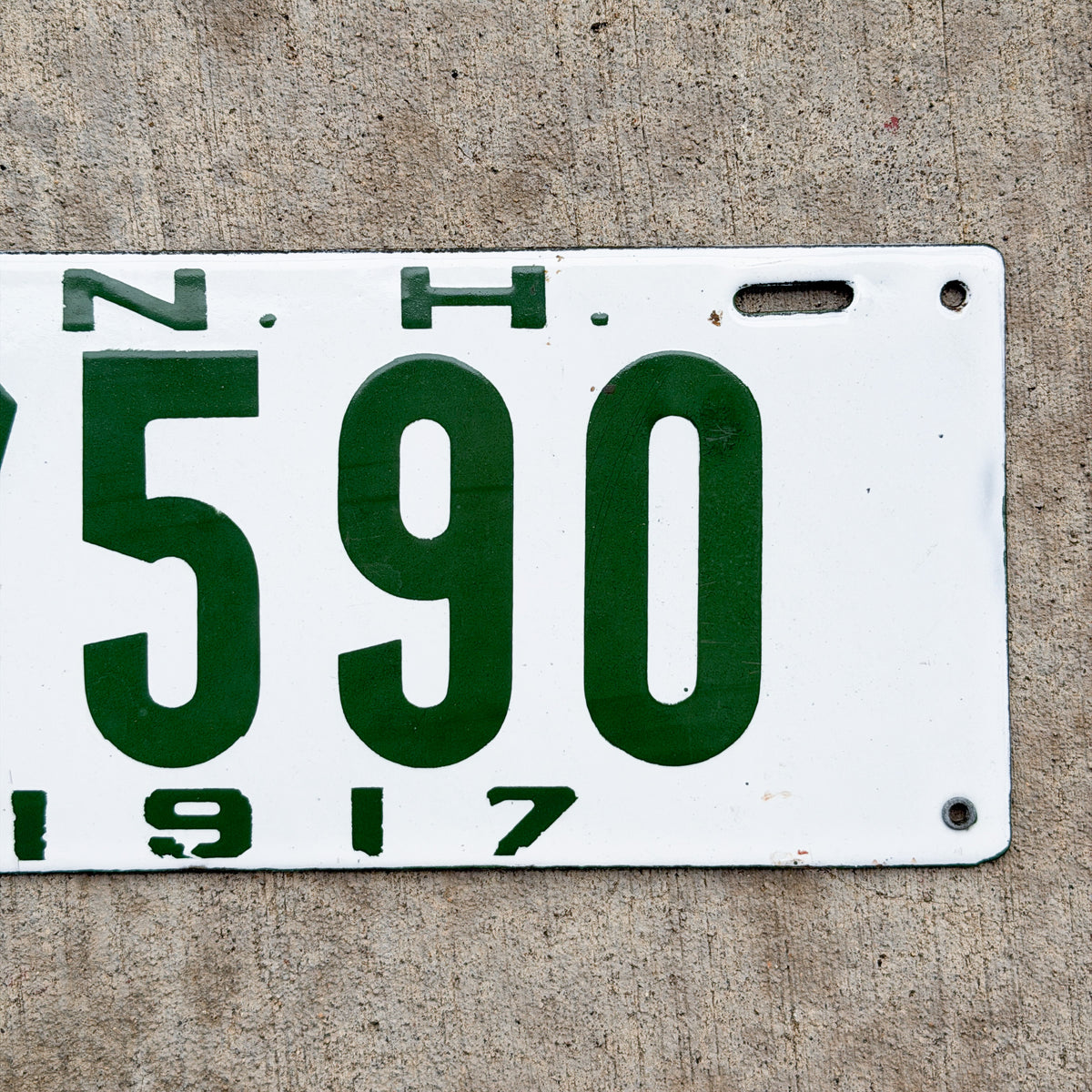 Photo of a 1917 New Hampshire Porcelain License Plate Auto Tag Garage Decor Vintage High Quality 7590 with original patina
