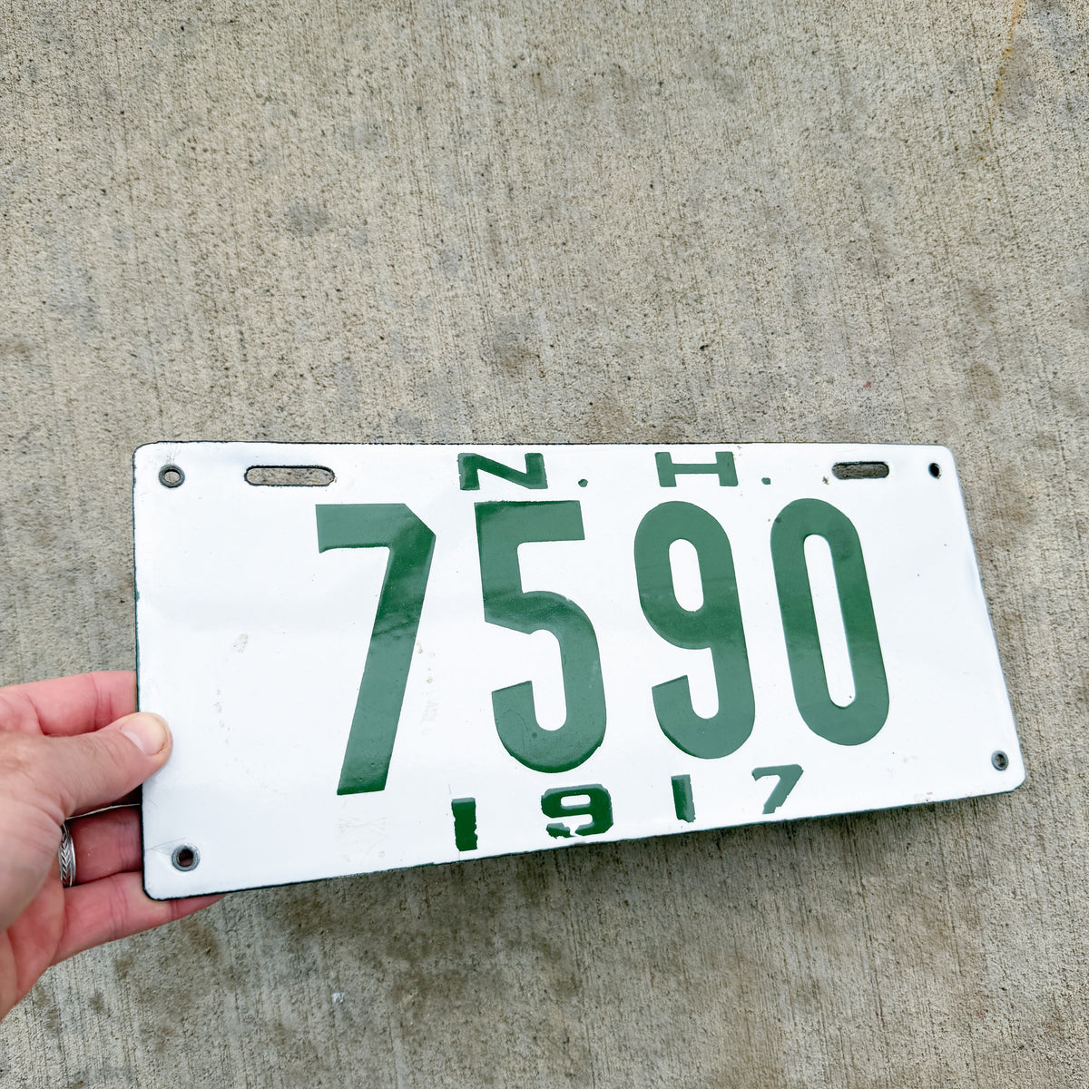 Photo of a 1917 New Hampshire Porcelain License Plate Auto Tag Garage Decor Vintage High Quality 7590 with original patina