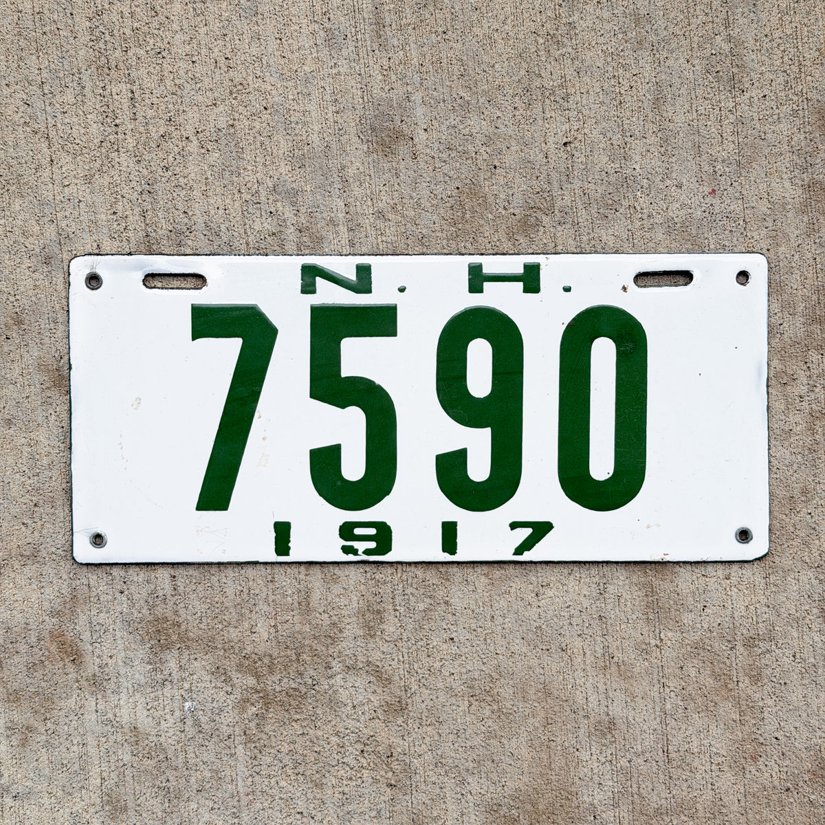Photo of a 1917 New Hampshire Porcelain License Plate Auto Tag Garage Decor Vintage High Quality 7590 with original patina