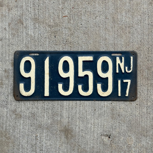 Photo of a 1917 New Jersey License Plate Auto Tag Garage Decor Vintage 91959 with original patina