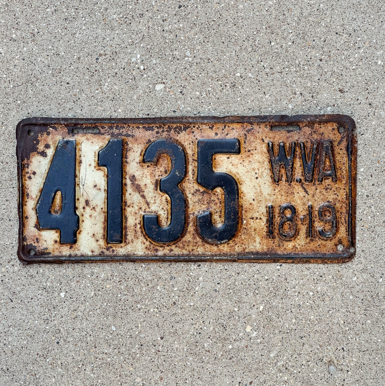 Photo of a 1918 1919 West Virginia License Plate Auto Tag Garage Decor Vintage Low Number Four Digit 4135 with original patina