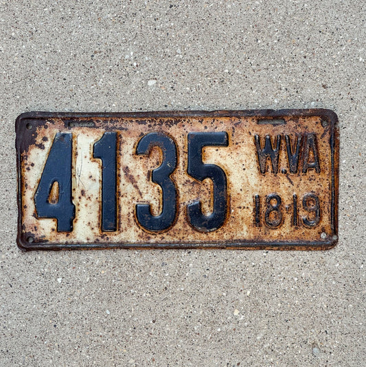 Photo of a 1918 1919 West Virginia License Plate Auto Tag Garage Decor Vintage Low Number Four Digit 4135 with original patina