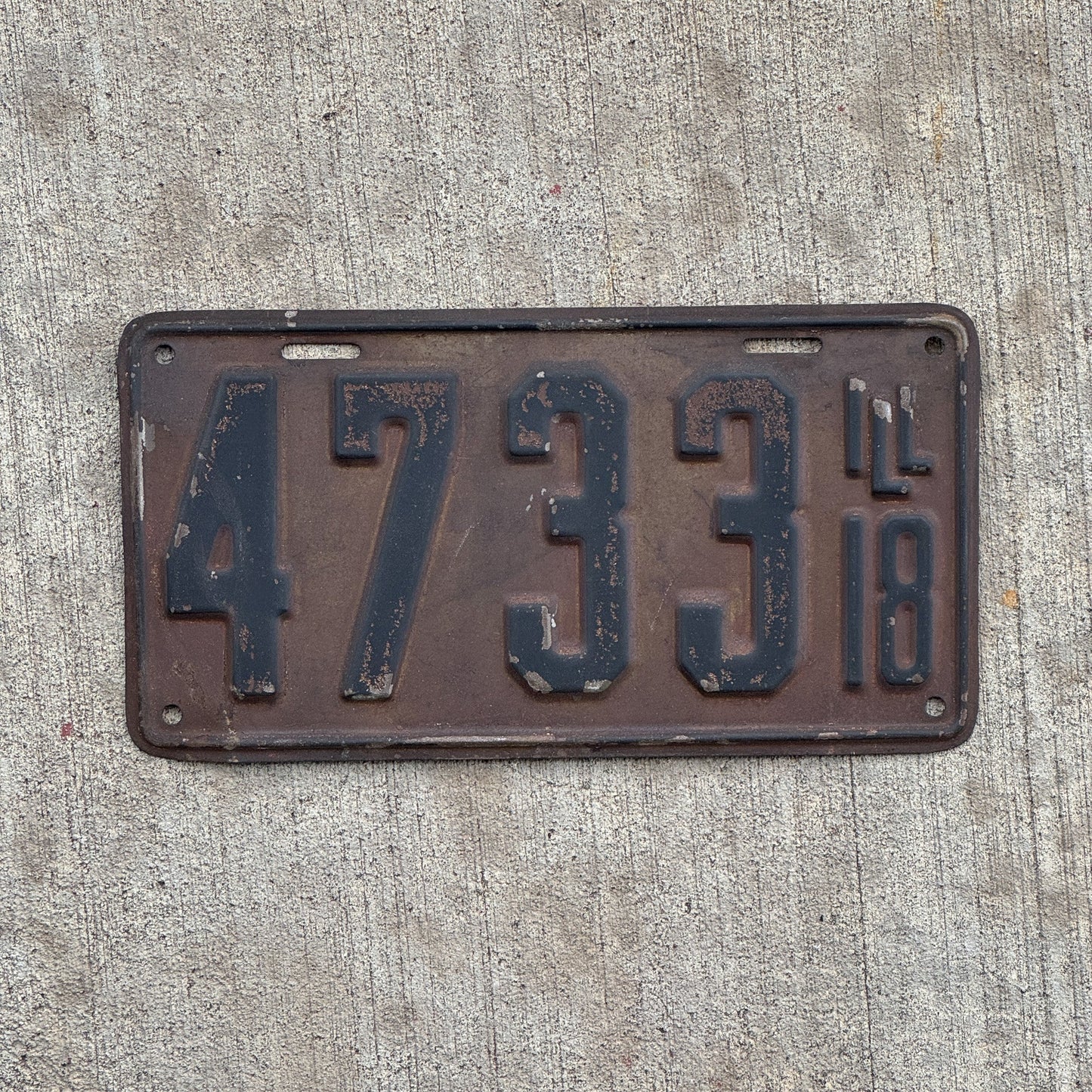 Photo of a 1918 Illinois License Plate Auto Tag Garage Decor Vintage Low Number Four Digit 4733 with original patina