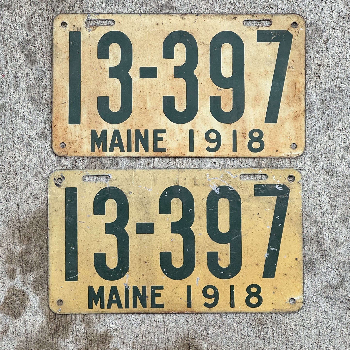 Photo of a 1918 Maine License Plate Pair Auto Tag Garage Decor Vintage 13 397 with original patina