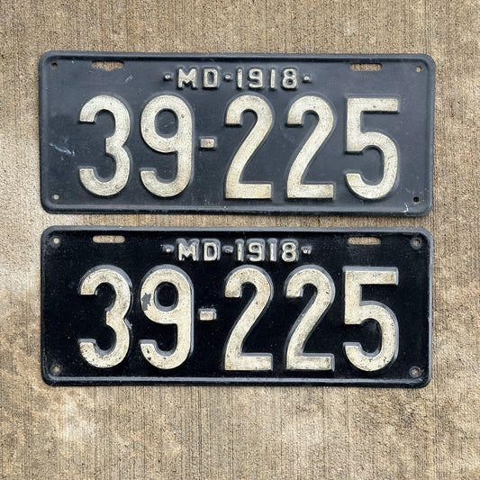 Photo of a 1918 Maryland License Plate Pair Auto Tag Garage Decor Vintage 39 225 with original patina