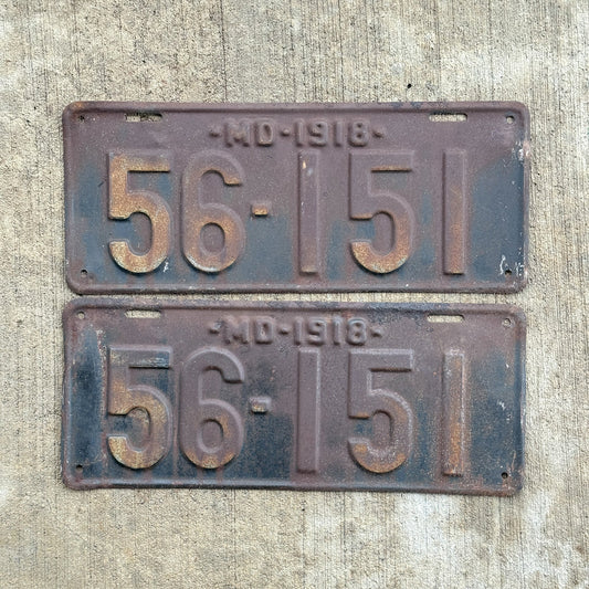 Photo of a 1918 Maryland License Plate Pair Auto Tag Garage Decor Vintage 56 151 with original patina