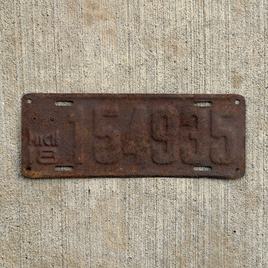 Photo of a 1918 Michigan License Plate Auto Tag Garage Decor Vintage 154935 with original patina
