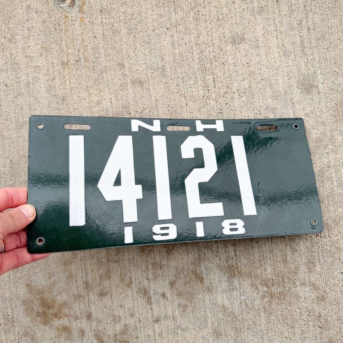 Photo of a 1918 New Hampshire Porcelain License Plate Auto Tag Garage Decor Vintage High Quality 14121 with original patina
