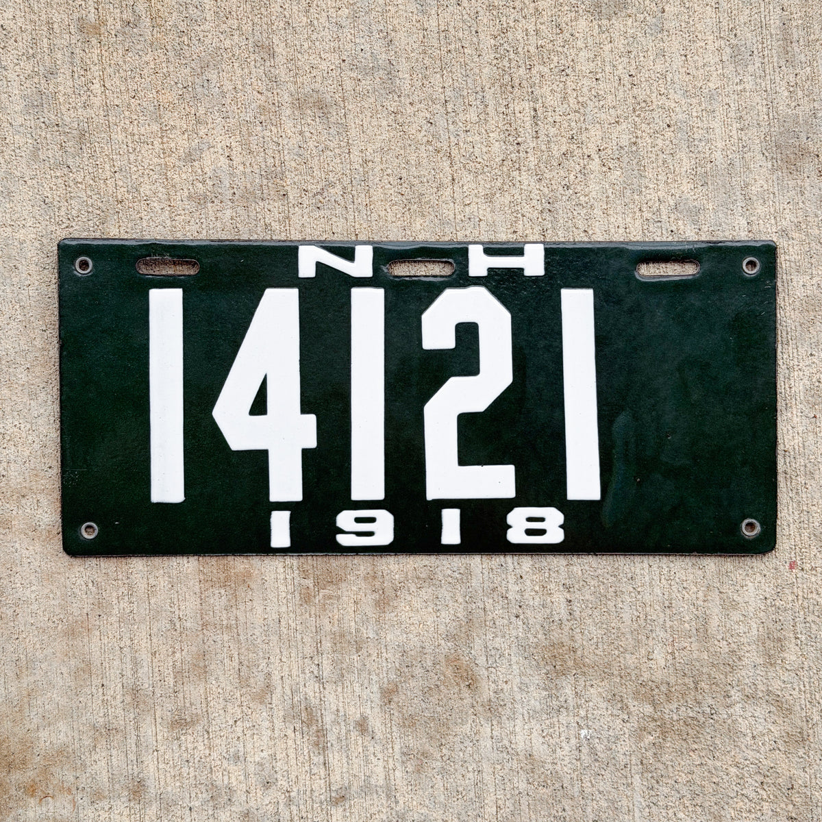 Photo of a 1918 New Hampshire Porcelain License Plate Auto Tag Garage Decor Vintage High Quality 14121 with original patina
