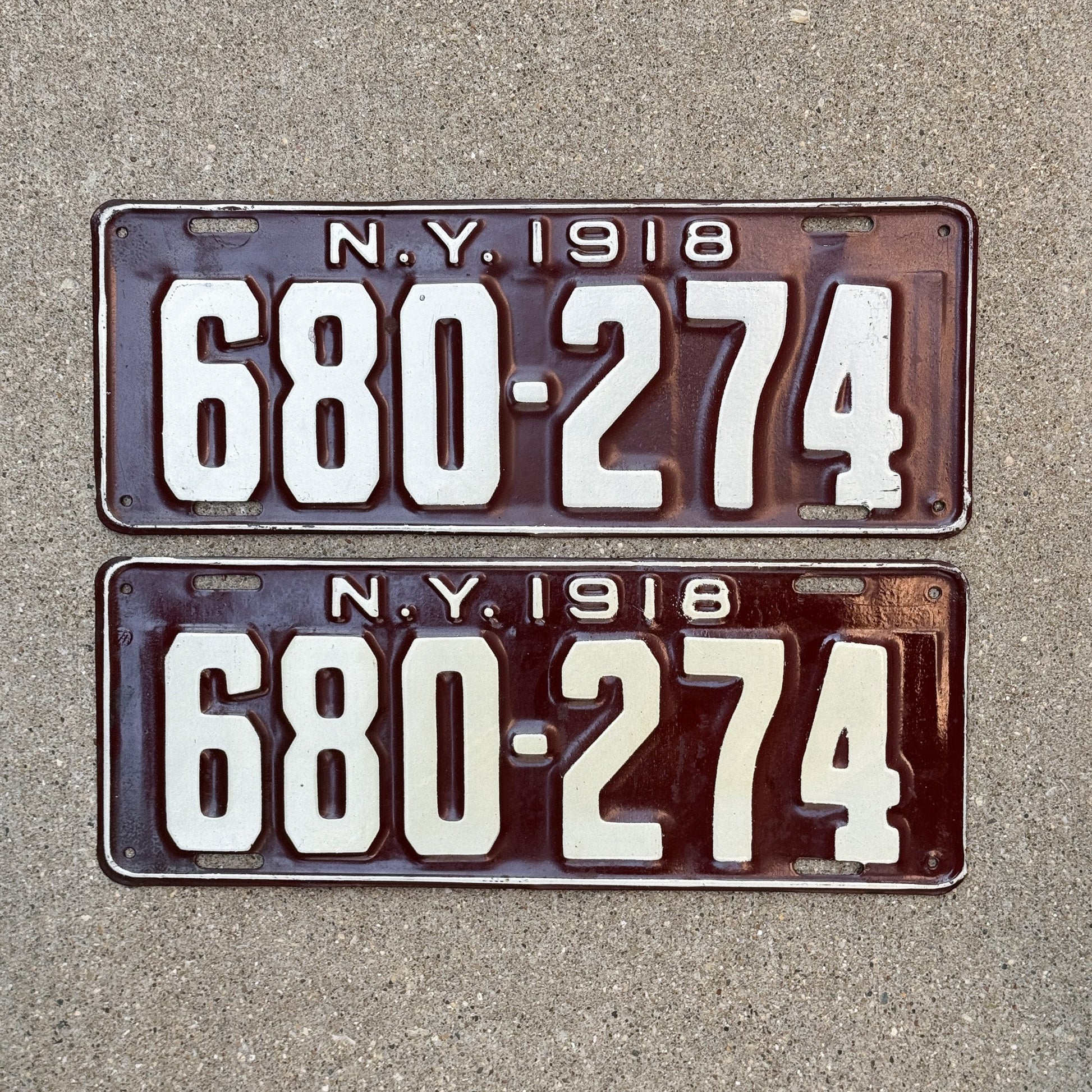 Photo of a 1918 New York License Plate Pair Auto Tag Garage Decor Vintage High Quality 680 274 with original patina