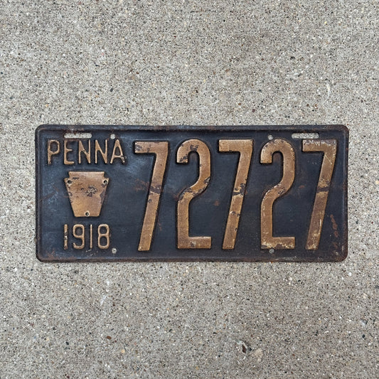 Photo of a 1918 Pennsylvania License Plate Auto Tag Garage Decor Vintage Palindrome 72727