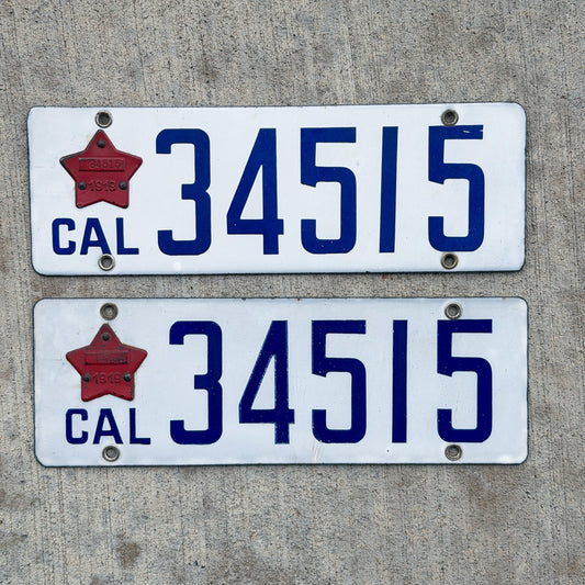 Photo of a 1919 California Porcelain License Plate Pair Auto Tag Garage Decor Vintage High Quality With Matching Tabs 34515 with original patina