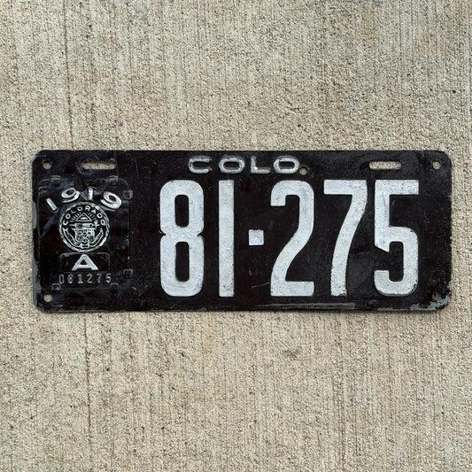 Photo of a 1919 Colorado License Plate Auto Tag Garage Decor Vintage 81 275 with original patina