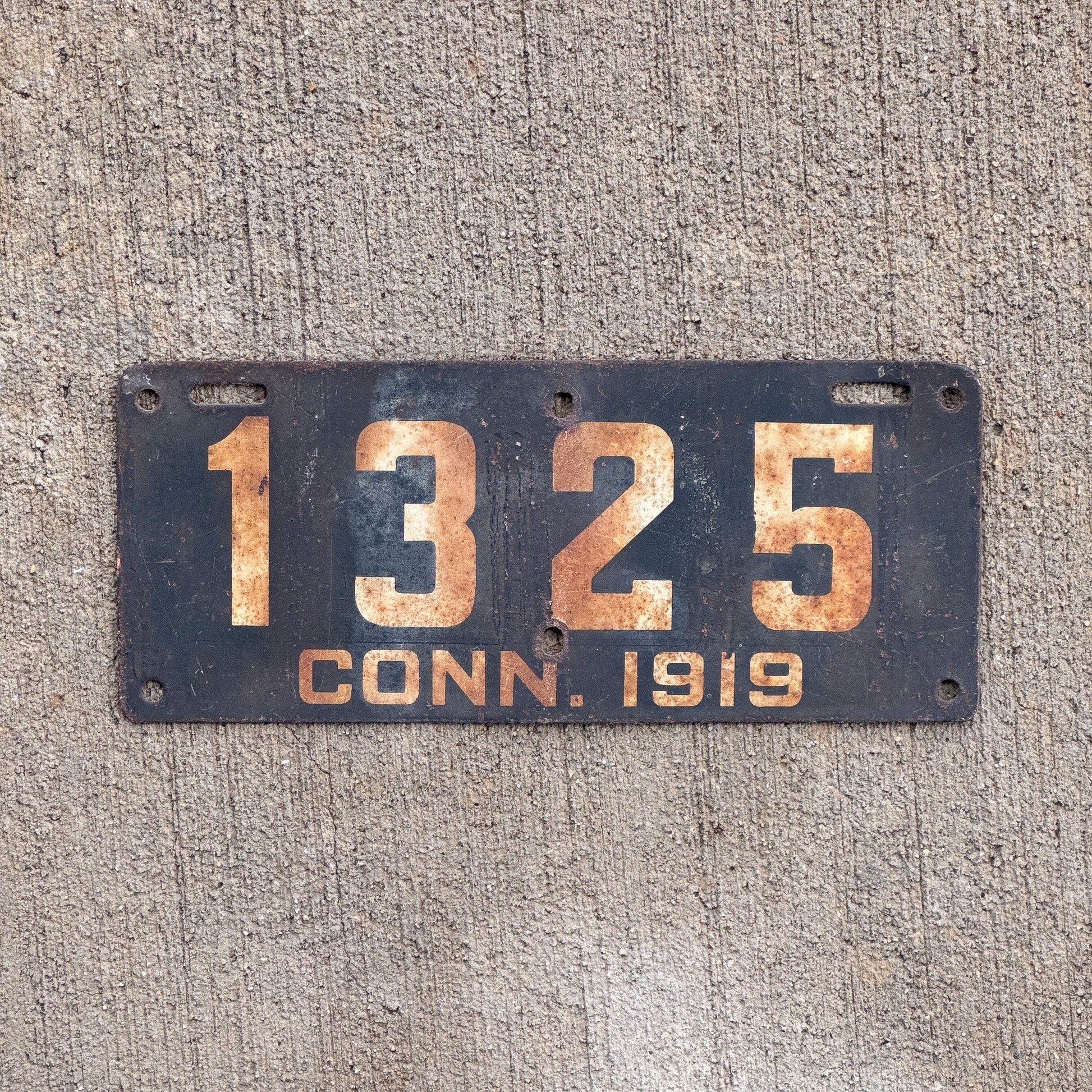 Photo of a 1919 Connecticut Motorcycle Side Car License Plate Auto Tag Garage Decor Vintage 1325 with original patina