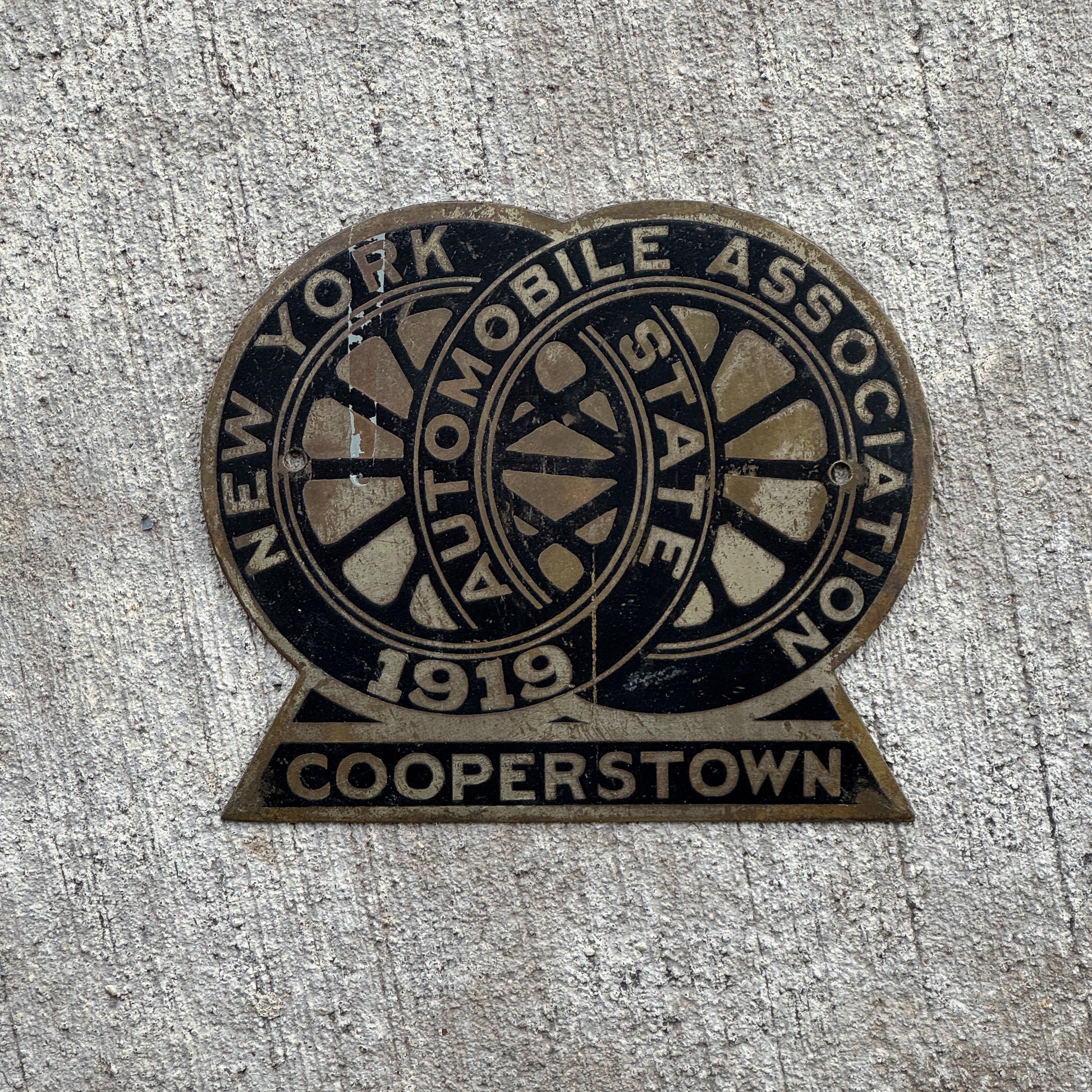 Photo of a 1919 Cooperstown New York Badge Emblem License Plate Topper Auto Tag Garage Decor Vintage with original patina