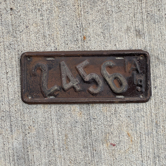 Photo of a 1919 Iowa Motorcycle License Plate Auto Tag Garage Decor Vintage 2456 with original patina