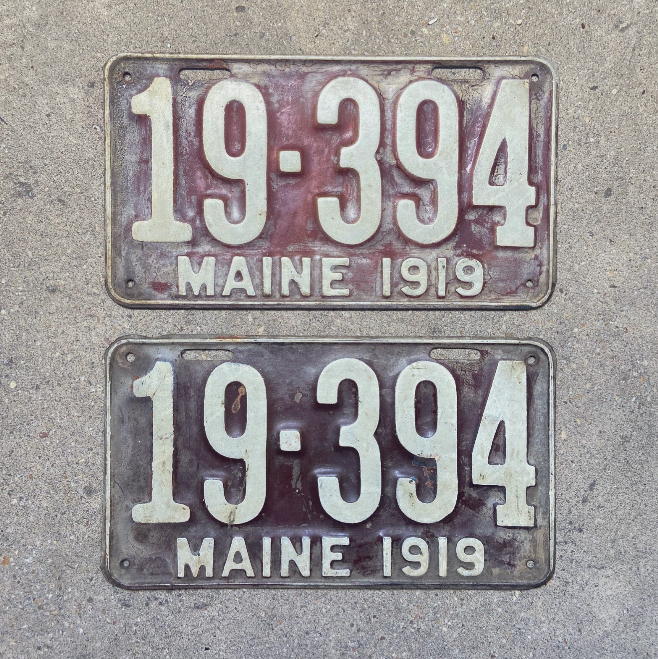 Photo of a 1919 Maine License Plate Pair Auto Tag Garage Decor Vintage 19 394 with original patina