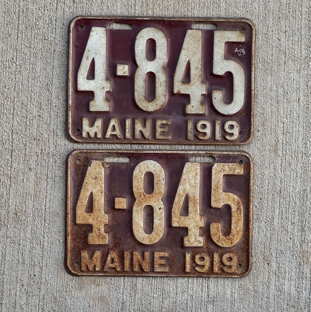 Photo of a 1919 Maine License Plate Pair Auto Tag Garage Decor Vintage 4 845 with original patina