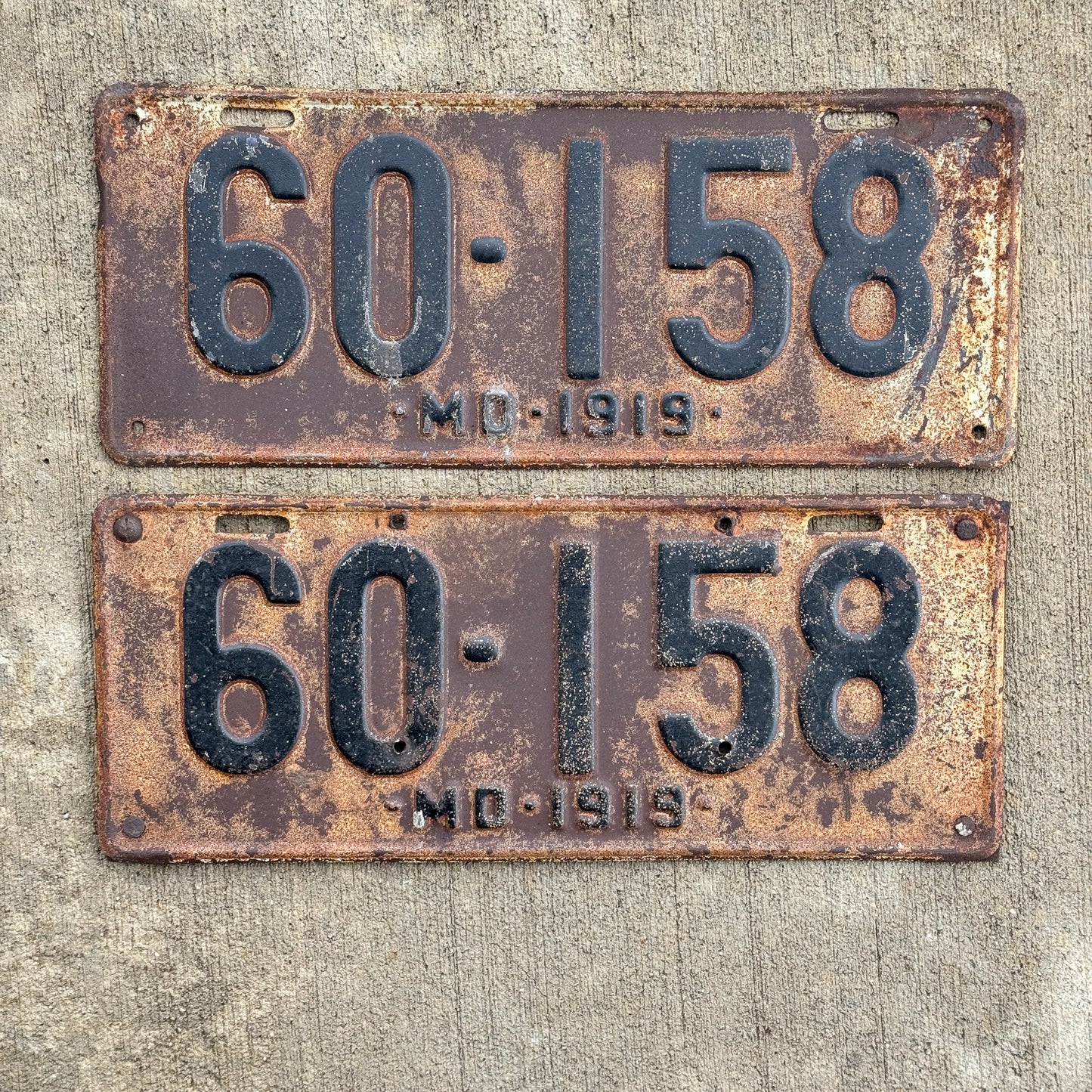 Photo of a 1919 Maryland License Plate Pair Auto Tag Garage Decor Vintage 60 158 with original patina