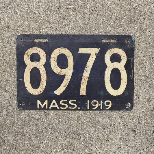 Photo of a 1919 Massachusetts License Plate Auto Tag Garage Decor Vintage Low Number Four Digit 8978 with original patina