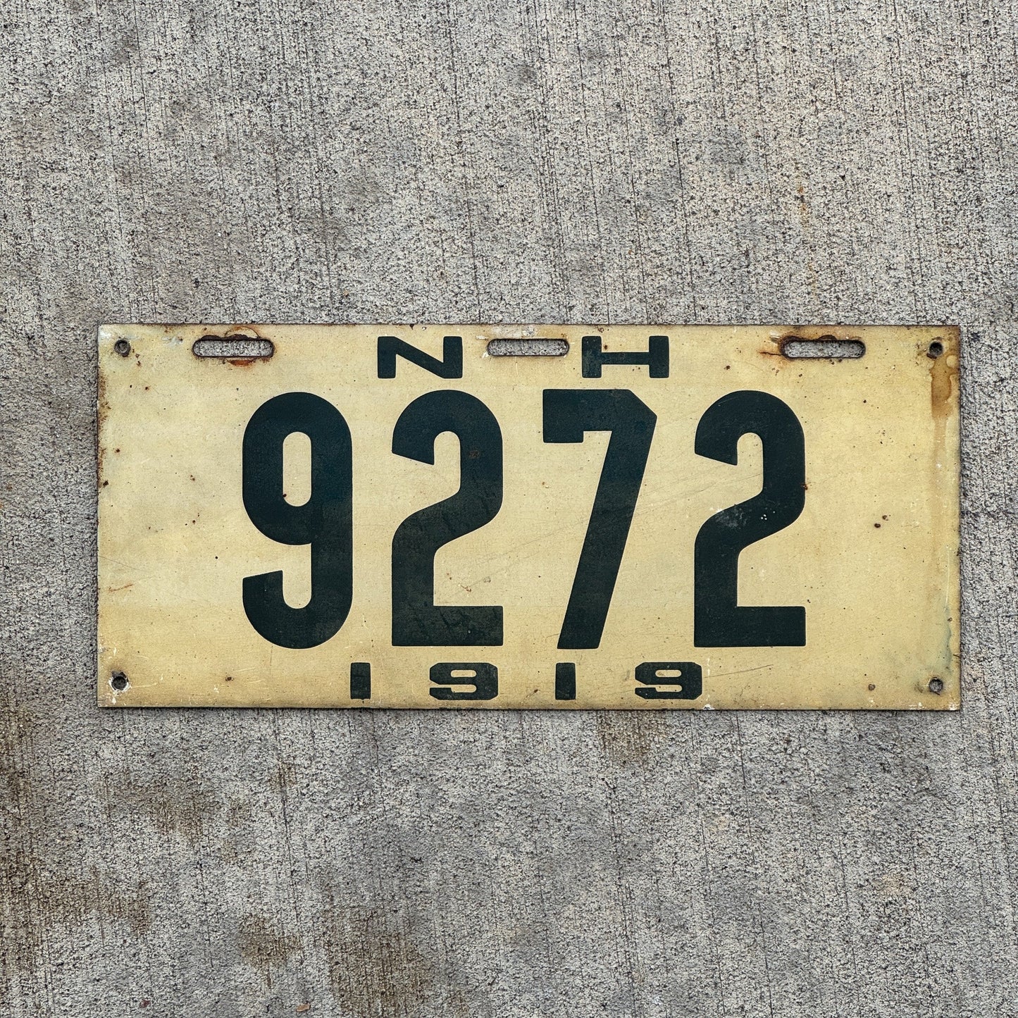 Photo of a 1919 New Hampshire License Plate Auto Tag 2 Garage Decor Low Number Four Digit 9272 with original patina