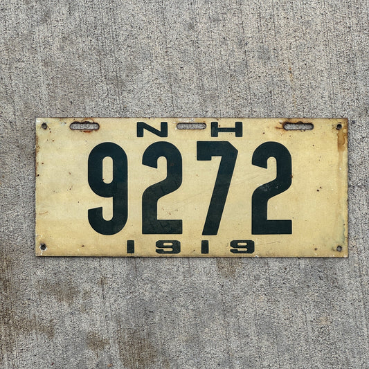 Photo of a 1919 New Hampshire License Plate Auto Tag 2 Garage Decor Low Number Four Digit 9272 with original patina