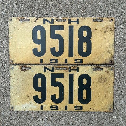 Photo of a 1919 New Hampshire License Plate Pair Auto Tag Garage Decor Vintage Low Number Four Digit 9518 with original patina