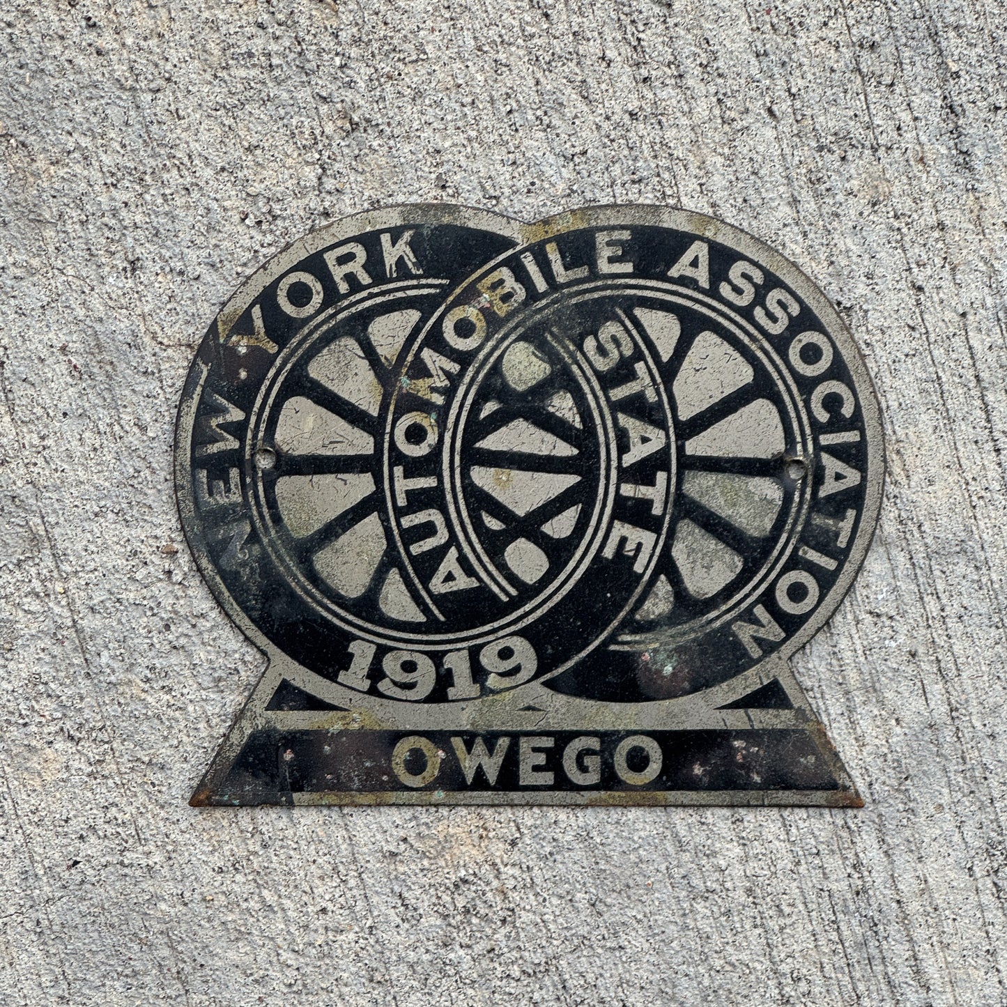 Photo of a 1919 Owego New York Badge Emblem License Plate Topper Auto Tag Garage Decor Vintage with original patina