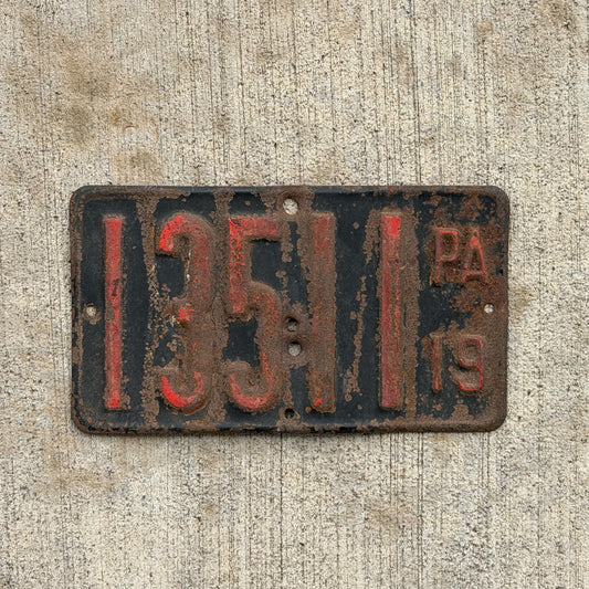 Photo of a 1919 Pennsylvania Motorcycle License Plate Auto Tag Garage Decor Vintage 13511 with original patina