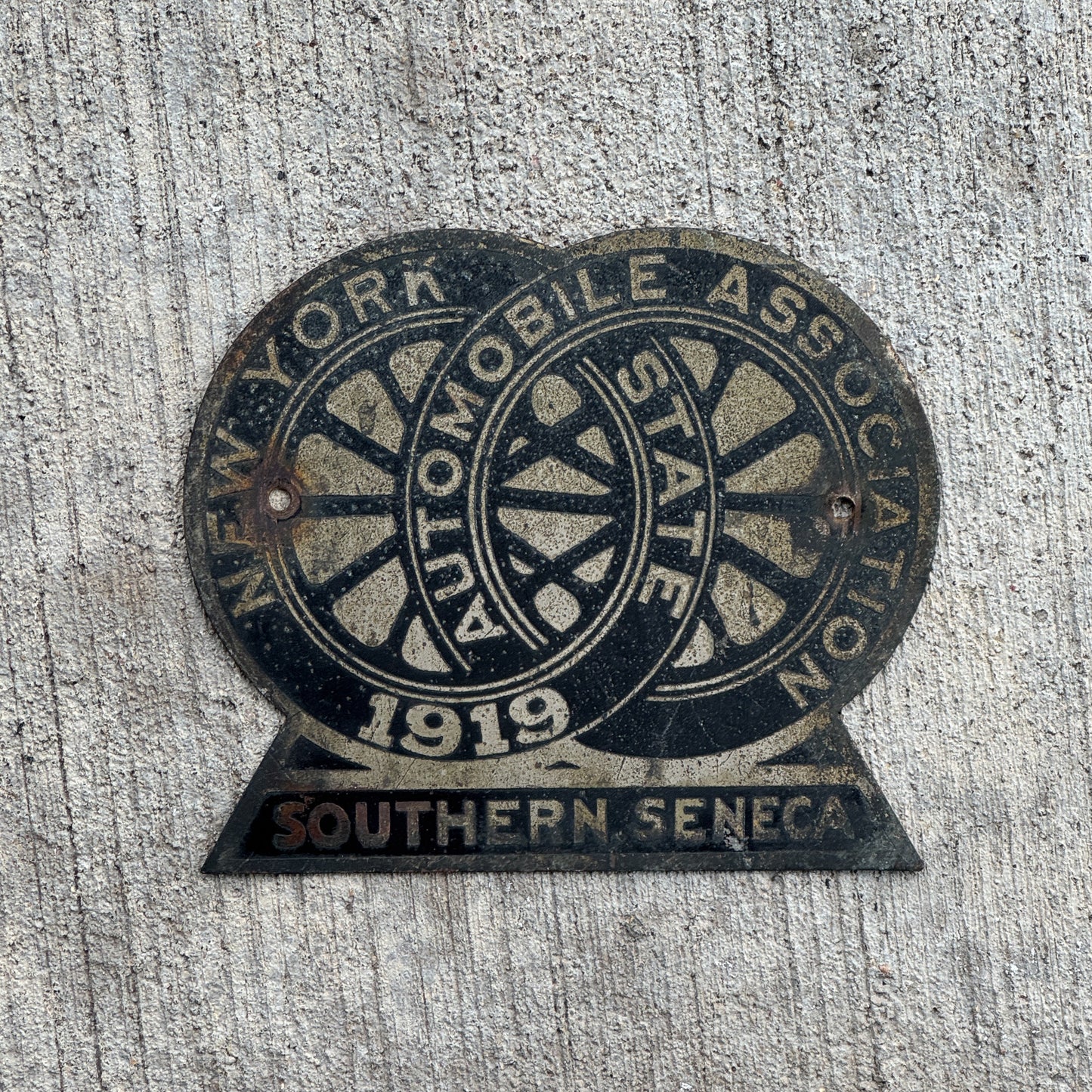 Photo of a 1919 Southern Seneca New York Badge Emblem License Plate Topper Auto Tag Garage Decor Vintage with original patina