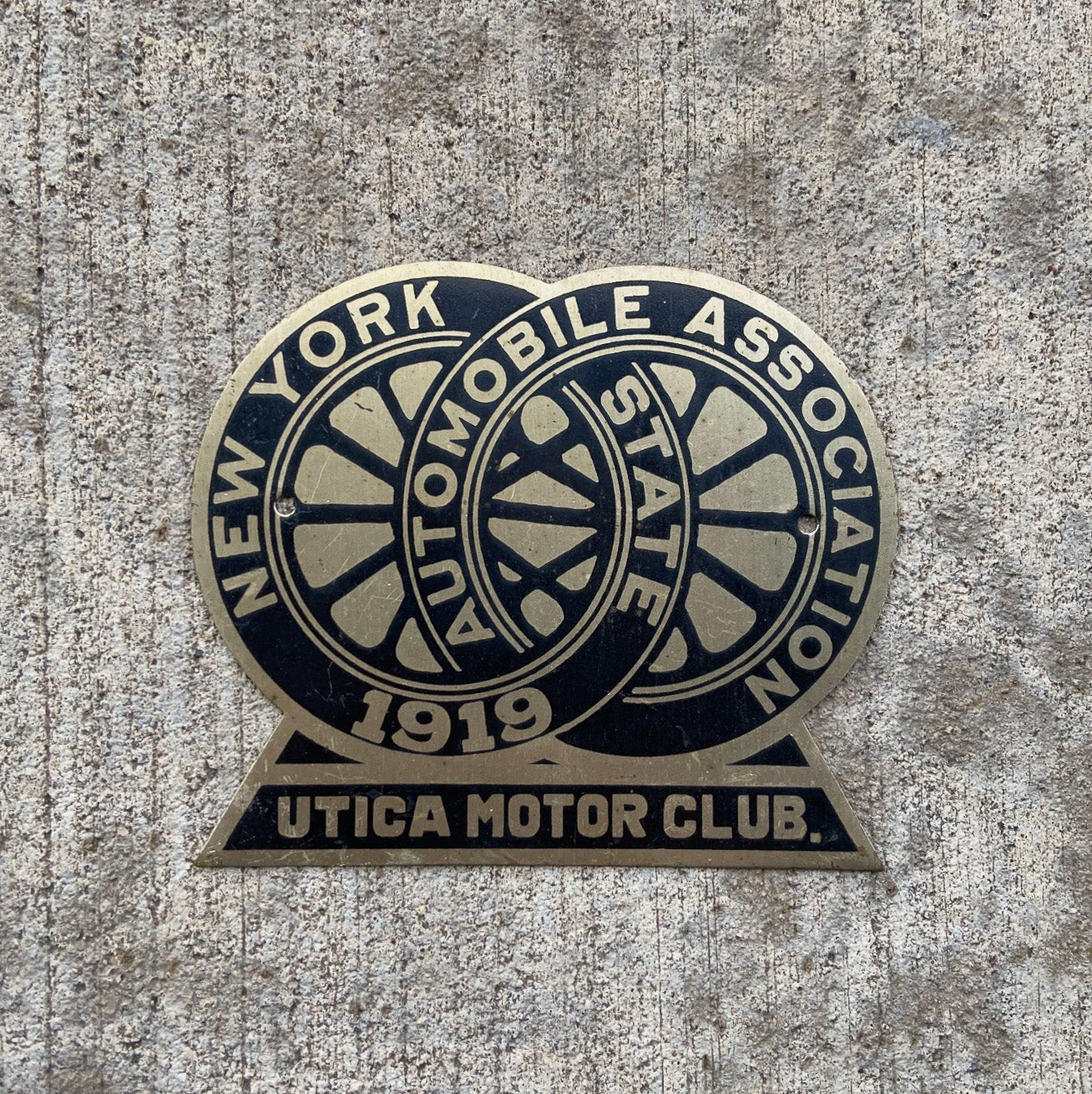 Photo of a 1919 Utica New York License Plate Topper Auto Tag Garage Decor Vintage Brass Car Badge Motor Club Automobile with original patina