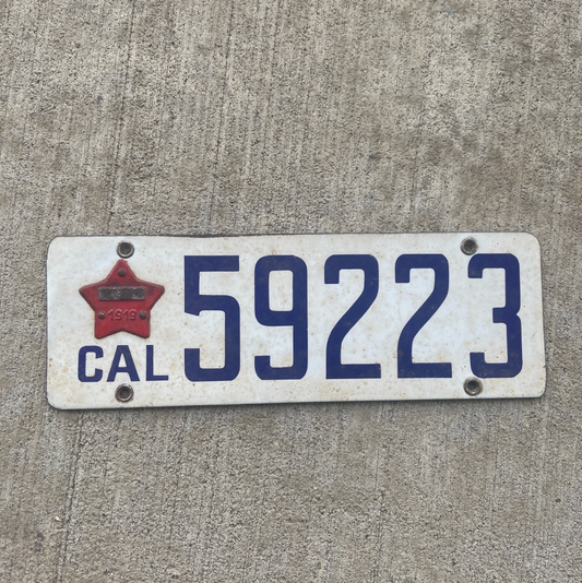 1919 California Porcelain License Plate CA Matching Star Badge Natural 1916 Base 59223