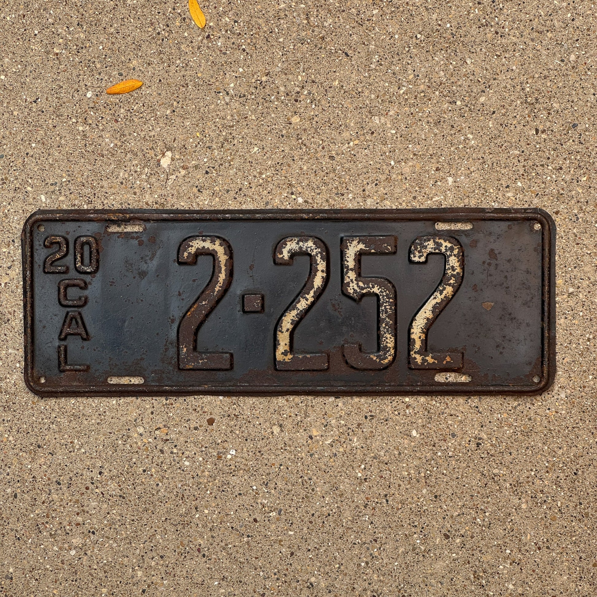 Photo of a 1920 California License Plate Auto Tag Garage Decor Vintage Low Number Four Digit 2 252 with original patina