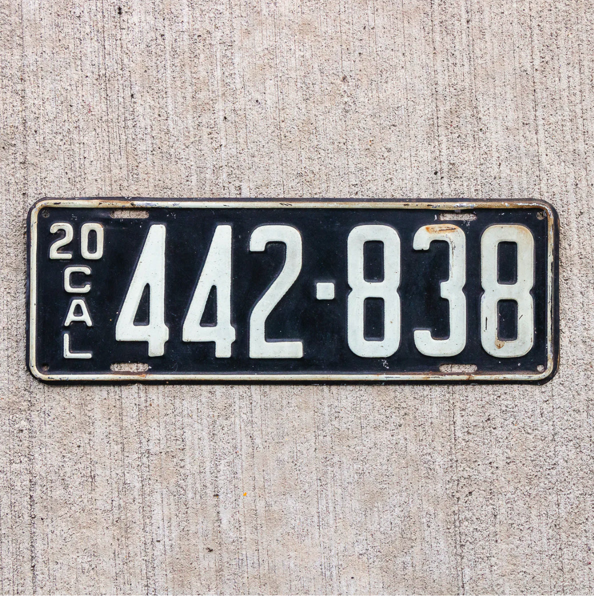Photo of a 1920 California License Plate Auto Tag Garage Decor Vintage Nice Quality 442 838 with original patina