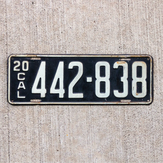 Photo of a 1920 California License Plate Auto Tag Garage Decor Vintage Nice Quality 442 838 with original patina