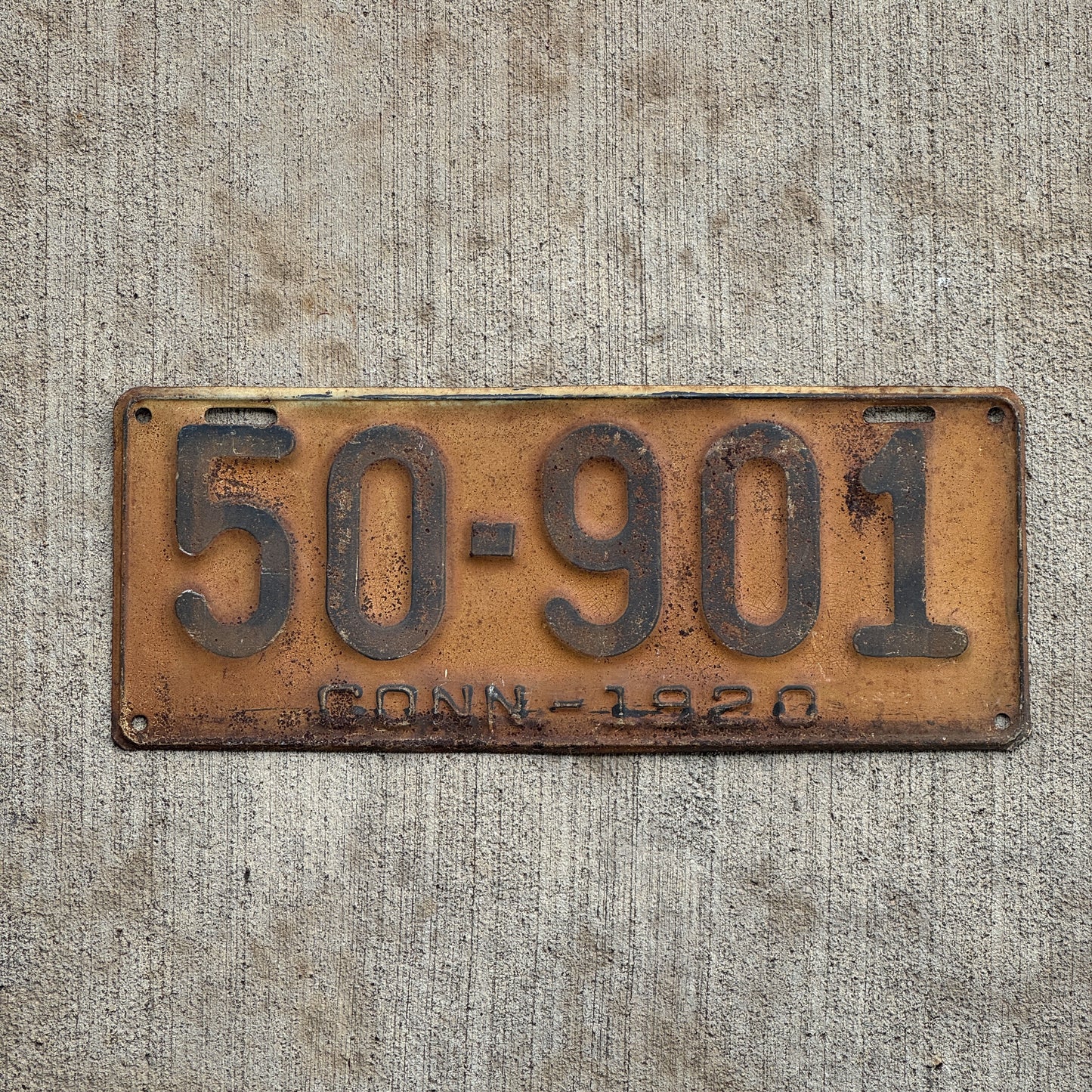 Photo of a 1920 Connecticut License Plate Auto Tag Garage Decor Vintage 50 901 with original patina