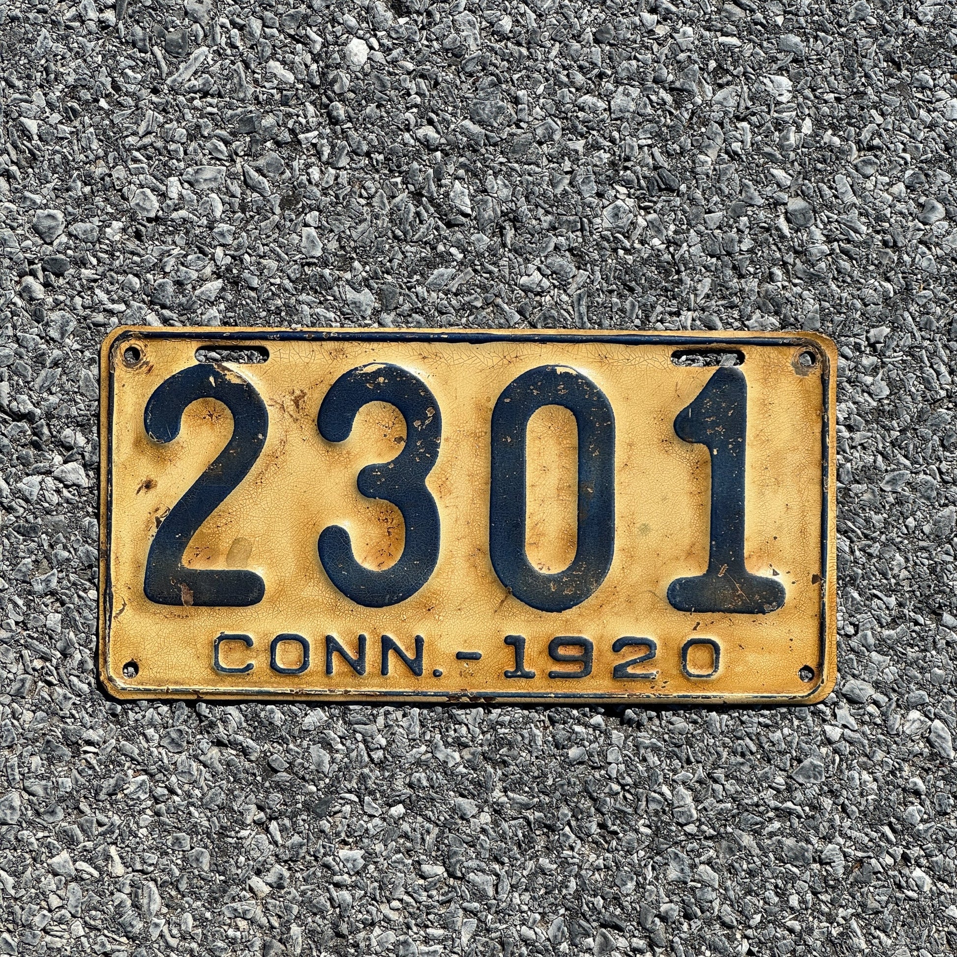 Photo of a 1920 Connecticut License Plate Auto Tag Garage Decor Vintage Four Digit Low Number 2301