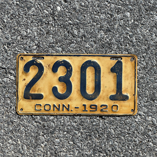 Photo of a 1920 Connecticut License Plate Auto Tag Garage Decor Vintage Four Digit Low Number 2301