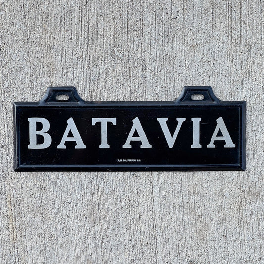 Photo of a 1920 Era Batavia Illinois License Plate Topper Auto Tag Garage Decor Vintage Black Silver Early Auto Garage with original patina