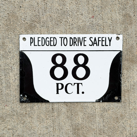 Photo of a 1920 Era Brooklyn New York Porcelain Police Precinct License Plate Auto Tag Garage Decor Vintage Pledge to Drive Safely Campaign Manhattan Dial Mfg Co 88 with original patina