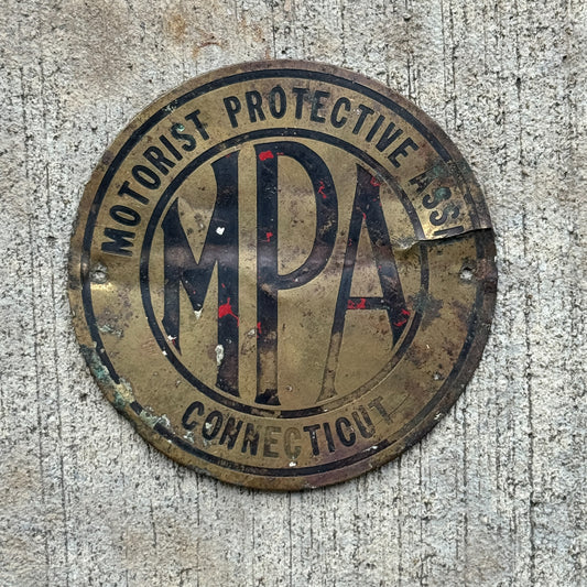 Photo of a 1920 Era Connecticut License Plate Topper Auto Tag Garage Decor Vintage Motorist Protective Association MPA with original patina