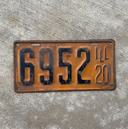 Photo of a 1920 Illinois License Plate Auto Tag Garage Decor Vintage Low Number Four Digit 6952 with original patina