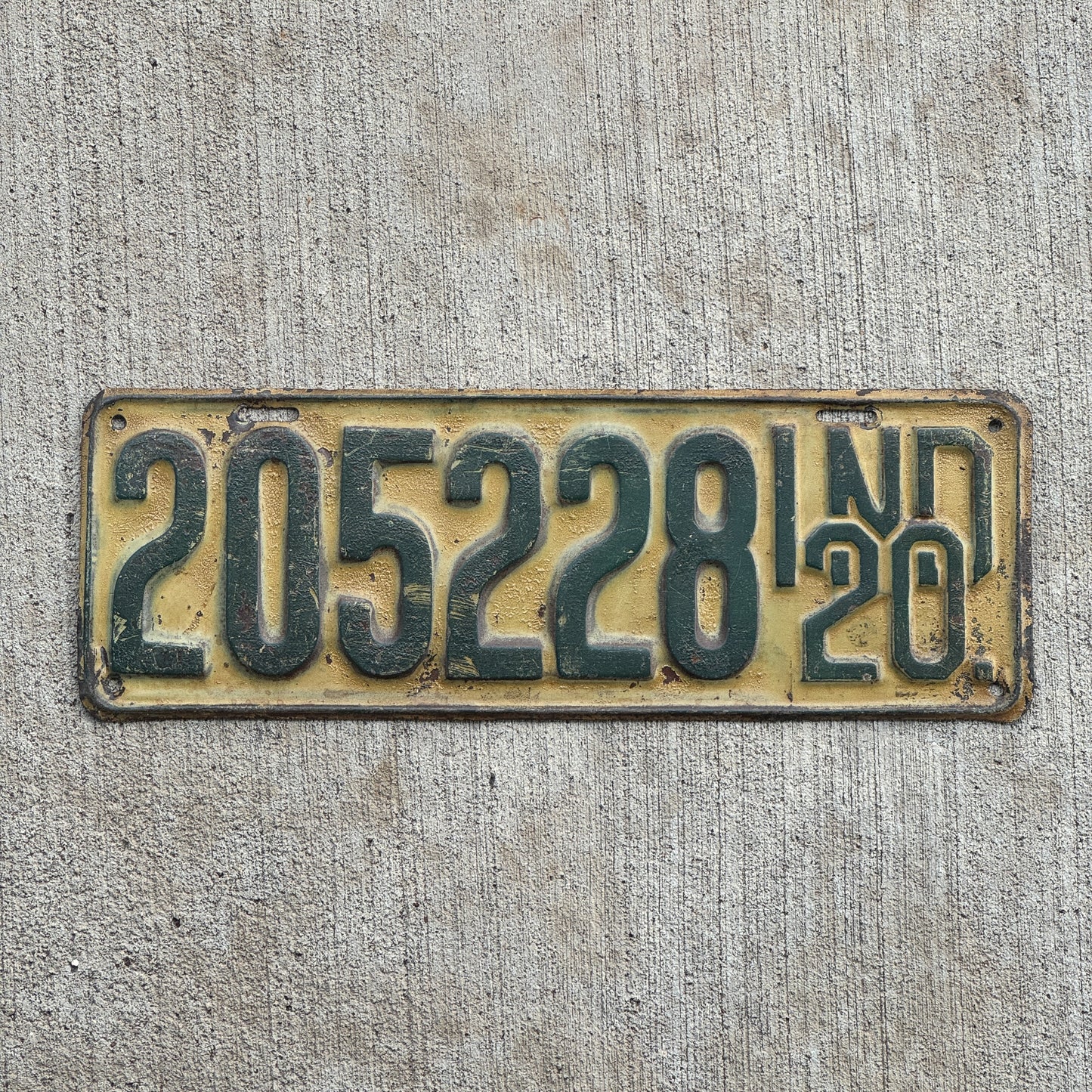 Photo of a 1920 Indiana License Plate Auto Tag Garage Decor Vintage Type 2 Round Dies 205228 with original patina